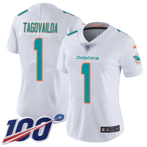 Nike Miami Dolphins #1 Tua Tagovailoa White Women Stitched NFL 100th Season Vapor Untouchable Limited Jersey